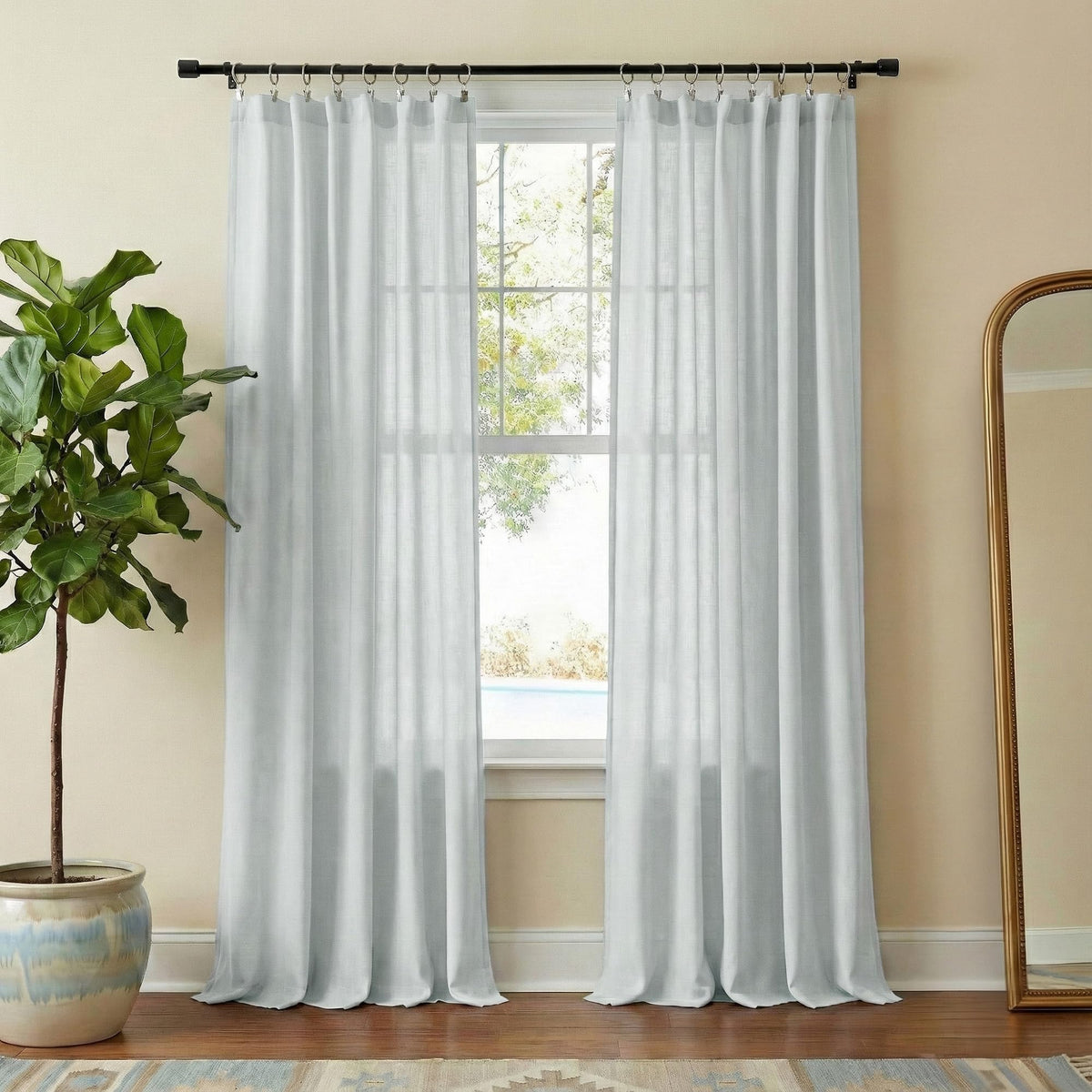 NICETOWN Flax Sheer Linen Curtains for Living Room 95 inch Long 2 Panels, Rod Pocket & Back Tab Semi Sheer Drapes Privacy Added with Light Filtering for Bedroom/Living Room, Natural, W55 x L95