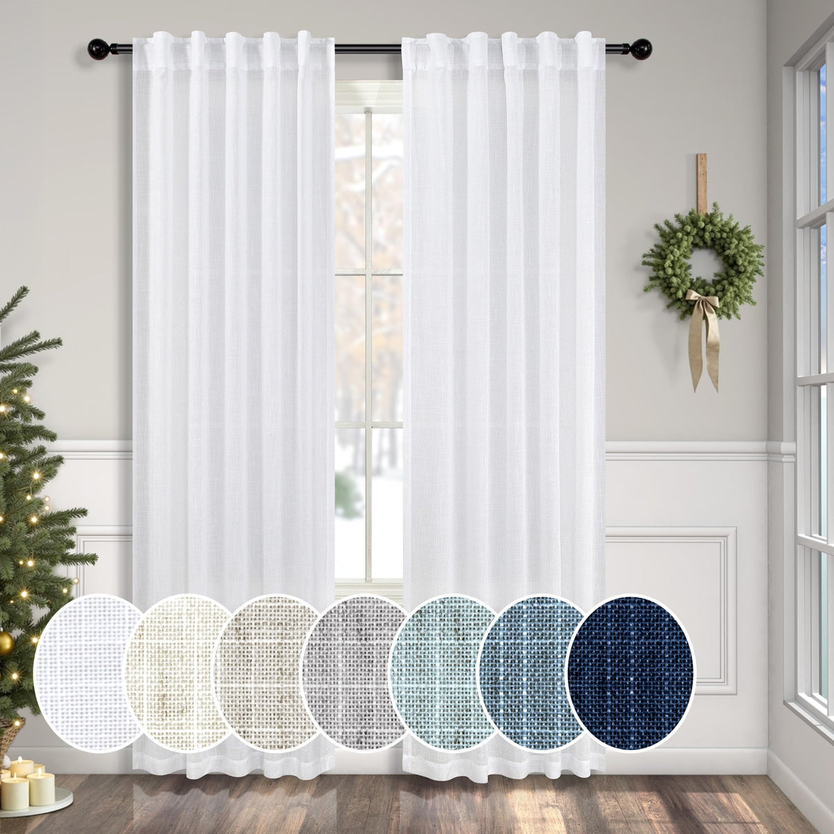 Natural Linen Back Tab Curtains 84 Inch Length for Living Room 2 Panel Pocket Drape Light Filtering Semi Sheer Neutral Country Rustic Farmhouse Boho Curtain Bedroom Muslin Look Ivory Cream Colored