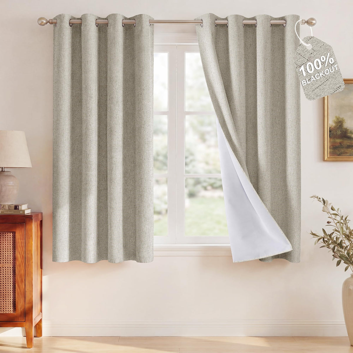 NICETOWN Beige Linen Blackout Curtains 84 Inches Long, W52xL84, 2 Panels