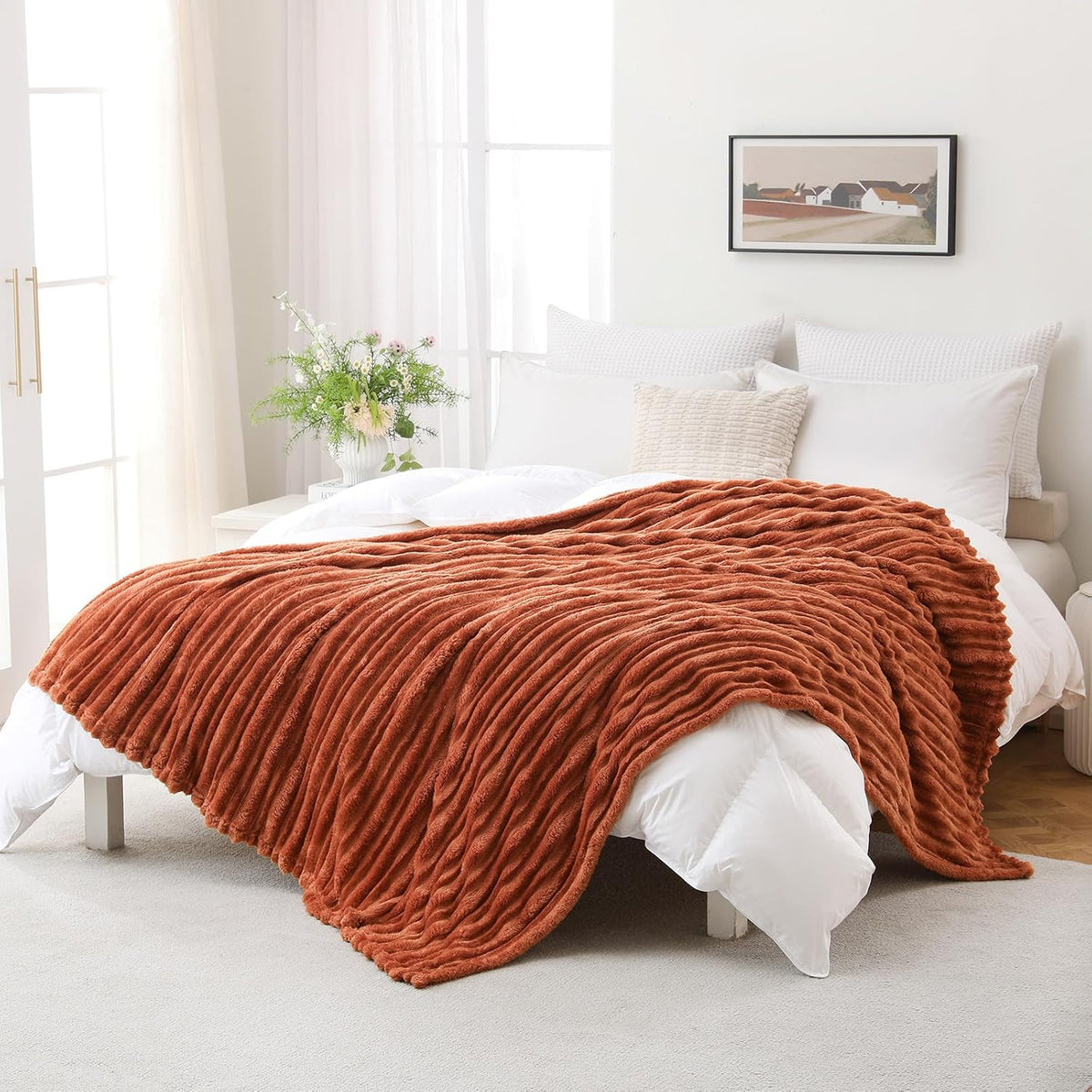 Puncuntex Burnt Orange Soft Throw Blanket 50"×60" for Couch Cozy 3D Striped