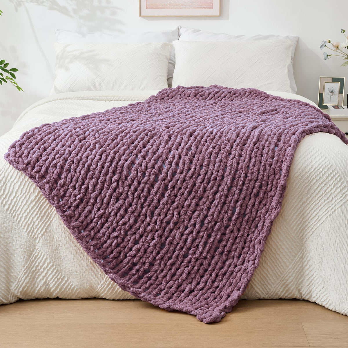 Bigacogo Chunky Knit Throw Blanket for Couch, 40x60 inches, Beige