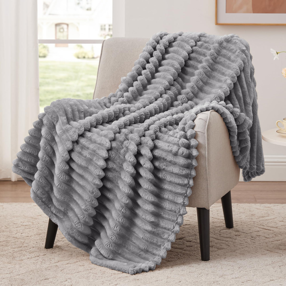 EXQ Home Stripe Jacquard Throw Blanket Light Purple for Couch Gentle Soft