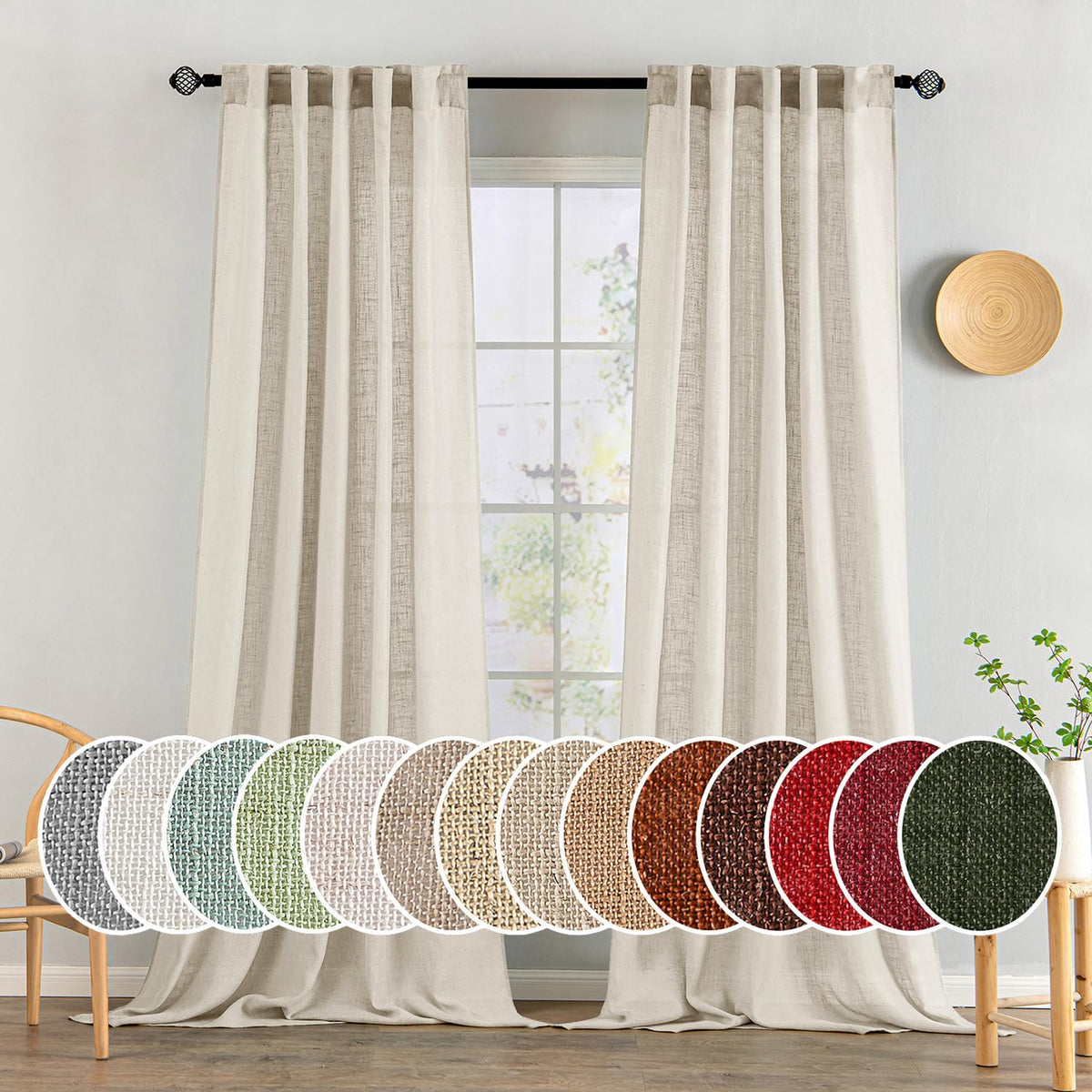 MIULEE Natural White Linen Curtains 52x90 Inch Long 2 Panels for Bedroom