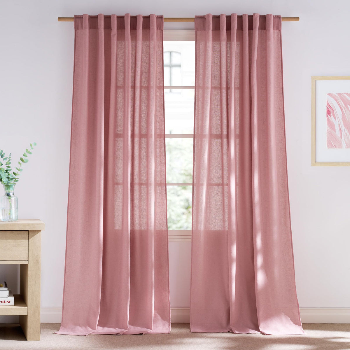 NICETOWN Flax Sheer Linen Curtains for Living Room 95 inch Long 2 Panels, Rod Pocket & Back Tab Semi Sheer Drapes Privacy Added with Light Filtering for Bedroom/Living Room, Natural, W55 x L95