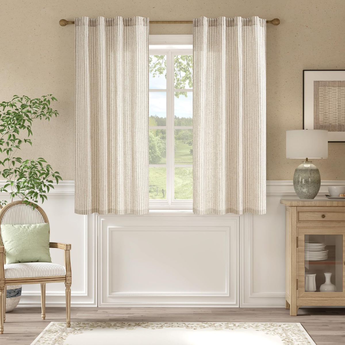 jinchan Linen Curtains 84 Inch Taupe Grey Stripe on Beige Grommet 2 Panels