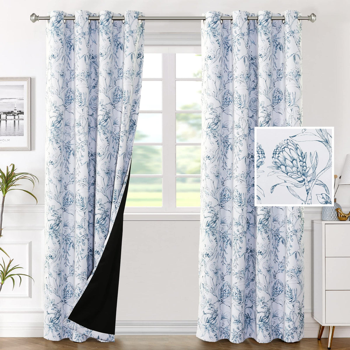 H.VERSAILTEX 100% Blackout Curtains 84 inch Length 2 Panels Set Cattleya Floral Printed Drapes Leah Floral Thermal Curtains for Bedroom with Black Liner Sound Proof Curtains, Grey and Taupe