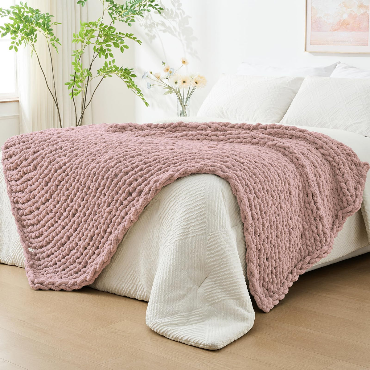 Bigacogo Chunky Knit Throw Blanket for Couch, 40x60 inches, Beige