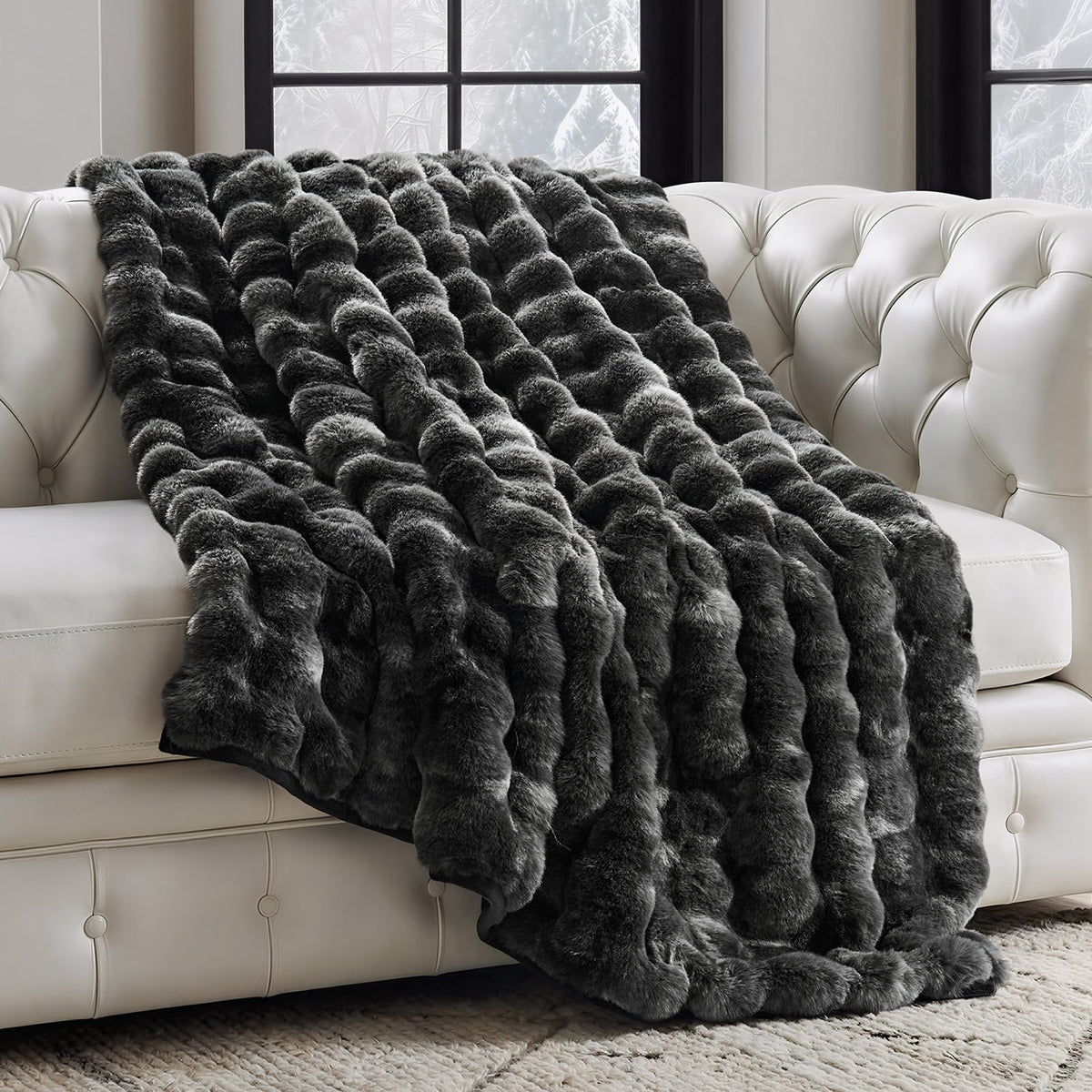 EverGrace Faux Rabbit Fur Bubble Throw Blanket, 60"x80", Ivory White