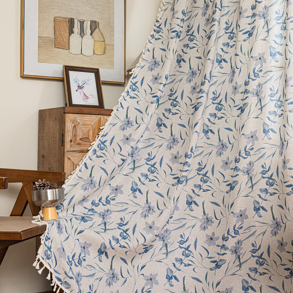 ENJOYBRIDAL Floral Curtains 84 Inch Long Living Room Boho Drapes Bedroom 2 Panels Semi Sheer Floor Length Window Curtain Panels Vintage Rod Pocket Tassel Farmhouse Nursery Window Treatments
