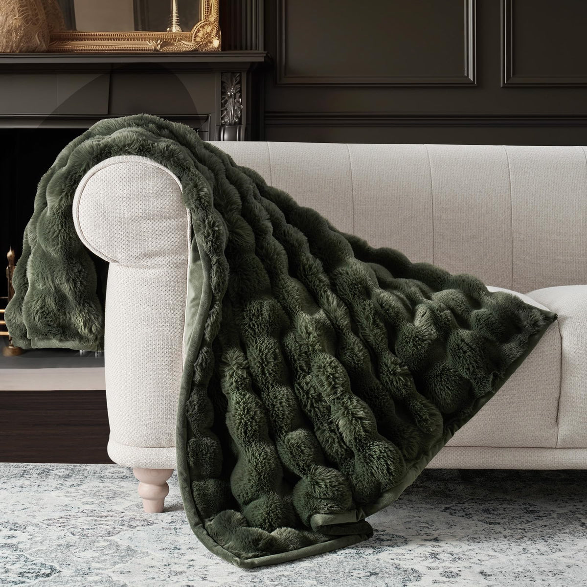 EverGrace Faux Rabbit Fur Bubble Throw Blanket, 60"x80", Ivory White