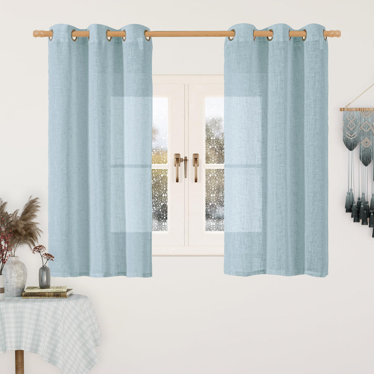 LAMIT Cream Ivory Linen Semi Sheer Curtains 84 inch Length for Bedroom