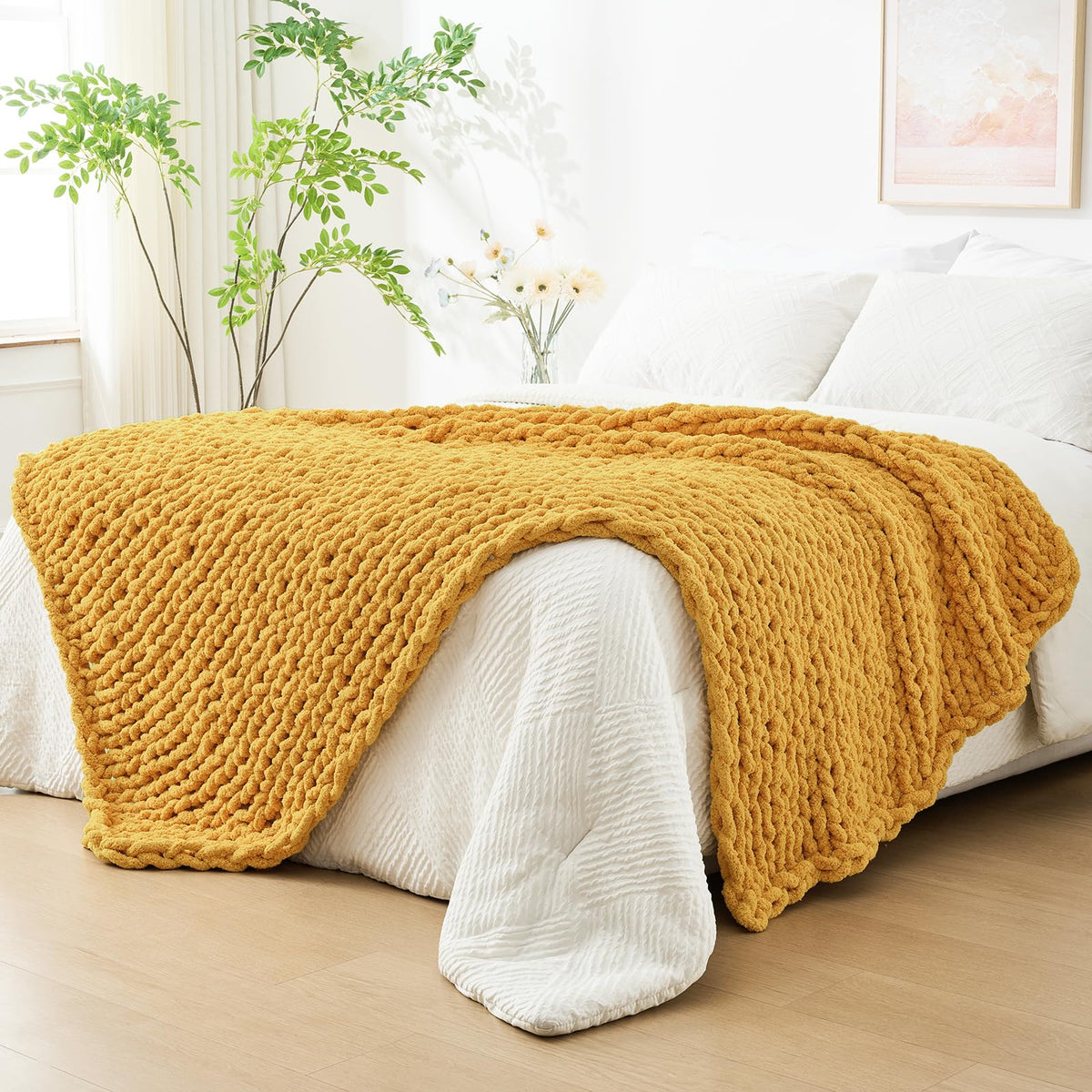 Bigacogo Chunky Knit Throw Blanket for Couch, 40x60 inches, Beige