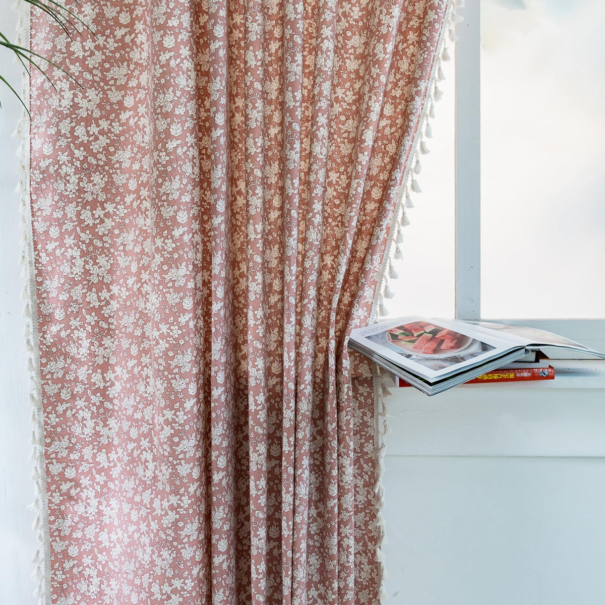 ENJOYBRIDAL Floral Curtains 84 Inch Long Living Room Boho Drapes Bedroom 2 Panels Semi Sheer Floor Length Window Curtain Panels Vintage Rod Pocket Tassel Farmhouse Nursery Window Treatments