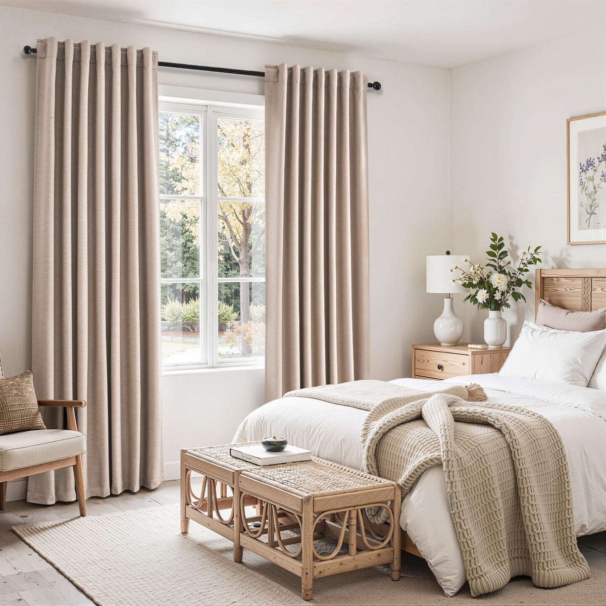Topfinel Linen Blackout Curtains 96 Inch Long, Boho Farmhouse Ivory Birch Viral Drapes Pinch Pleated Curtains with Hooks for Living Room, Neutral 8 FT Back Tab Bedroom Curtains 52" X 96" 2 Panels
