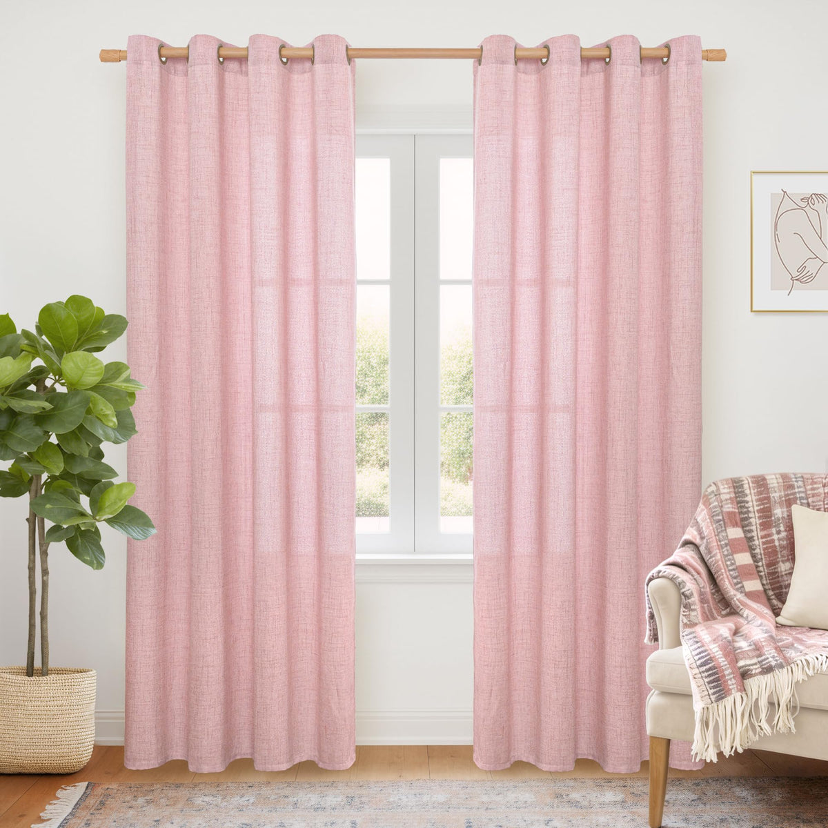 YoungsTex Linen Semi Sheer Curtains 63 Inch Length, Light Filtering Drapes