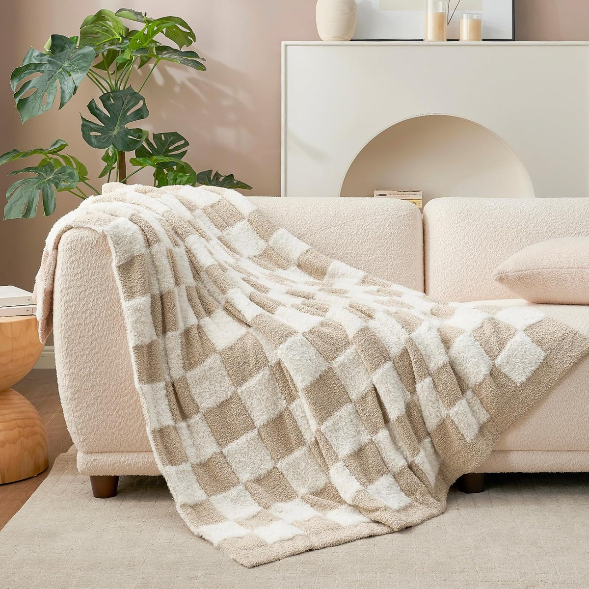 Snuggle Sac Fall Checkered Throw Blanket Faux Fur Microfiber Blankets for Couch,Cozy Soft Warm Blanket for Sofa Bedroom Living Room,Beige Checker,50x60 inches