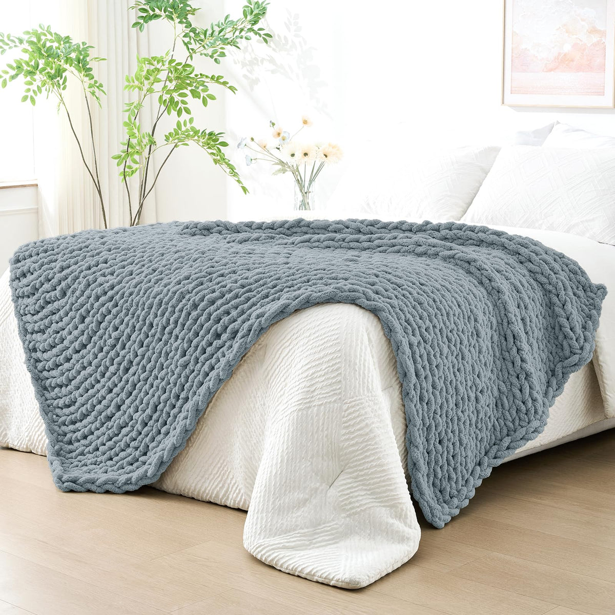 Bigacogo Chunky Knit Throw Blanket for Couch, 40x60 inches, Beige