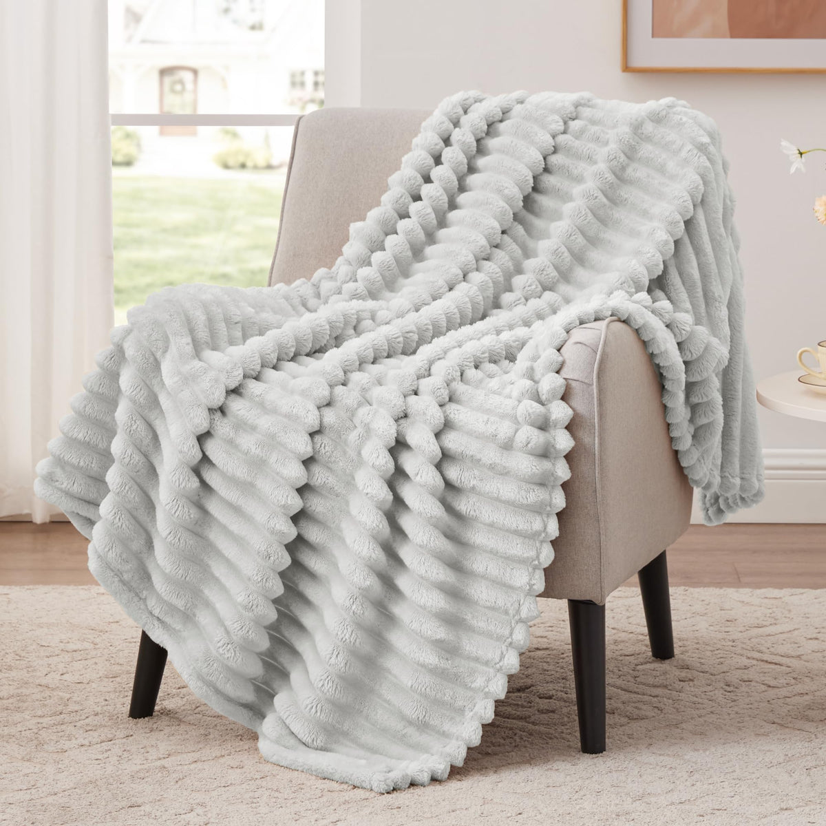 EXQ Home Stripe Jacquard Throw Blanket Light Purple for Couch Gentle Soft