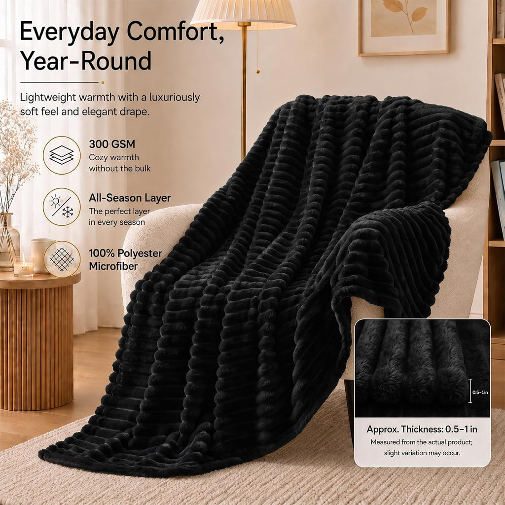 CozyLux Black Throw Blanket for Couch, Ribbed Fleece, 50 x 60 Inch