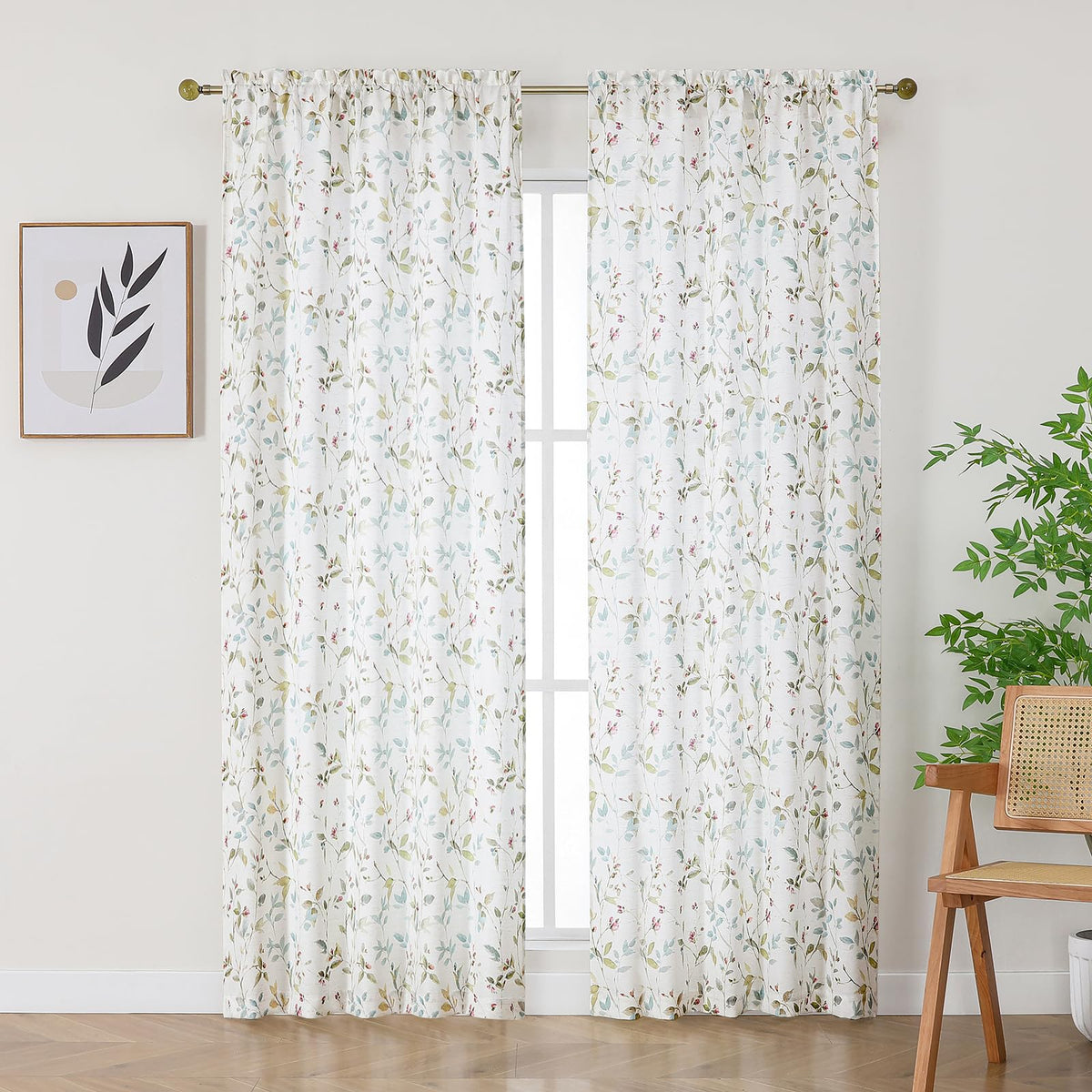 Chyhomenyc Roman Linen Blend Curtains 45 Inch Length 2 Panels, Light Filtering Soft Airy Leaf Floral Printed Rod Pocket Textured Window Treatment Drapes for Living Room Bedroom, 38Wx45L Inch, 2 PCS
