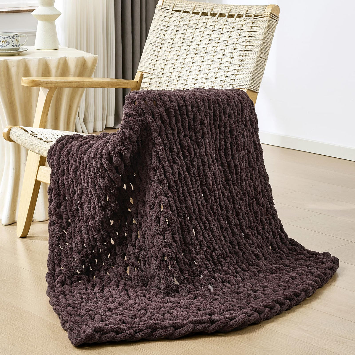Bigacogo Chunky Knit Throw Blanket for Couch, 40x60 inches, Beige