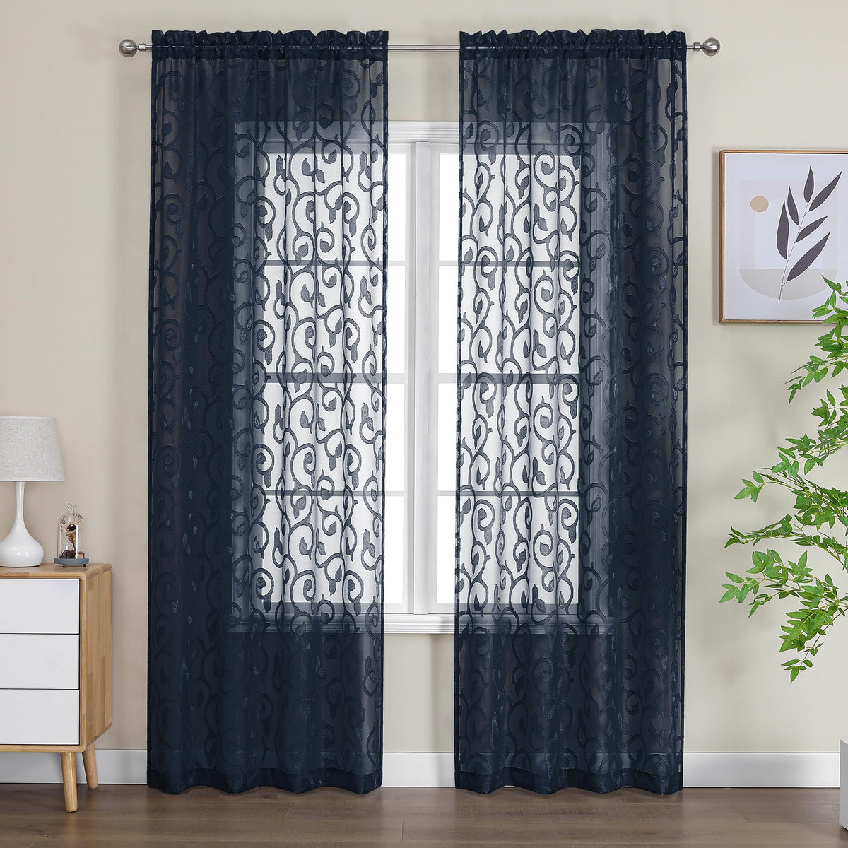 OWENIE Furman Ivory Sheer Curtains 84 inches Long for Bedroom Living Room 2 Panels Set, Jacquard Clip Light Filtering Semi Sheer Curtain Rod Pocket Window Drapes, 2 Pcs Each 40 W 84 L