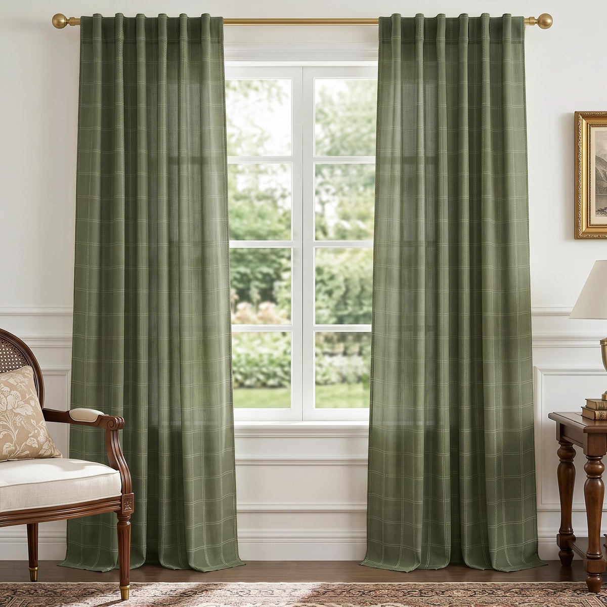 NICETOWN Moss Green Linen Plaid Curtains 96 inches Long for Bedroom
