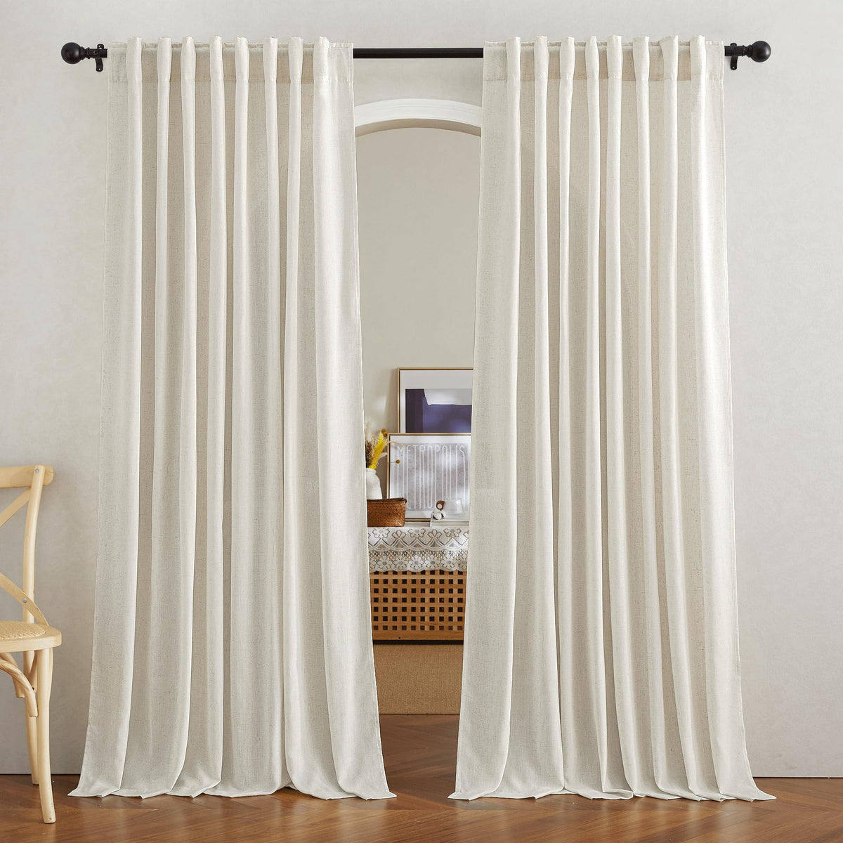 NICETOWN Flax Sheer Linen Curtains for Living Room 95 inch Long 2 Panels, Rod Pocket & Back Tab Semi Sheer Drapes Privacy Added with Light Filtering for Bedroom/Living Room, Natural, W55 x L95
