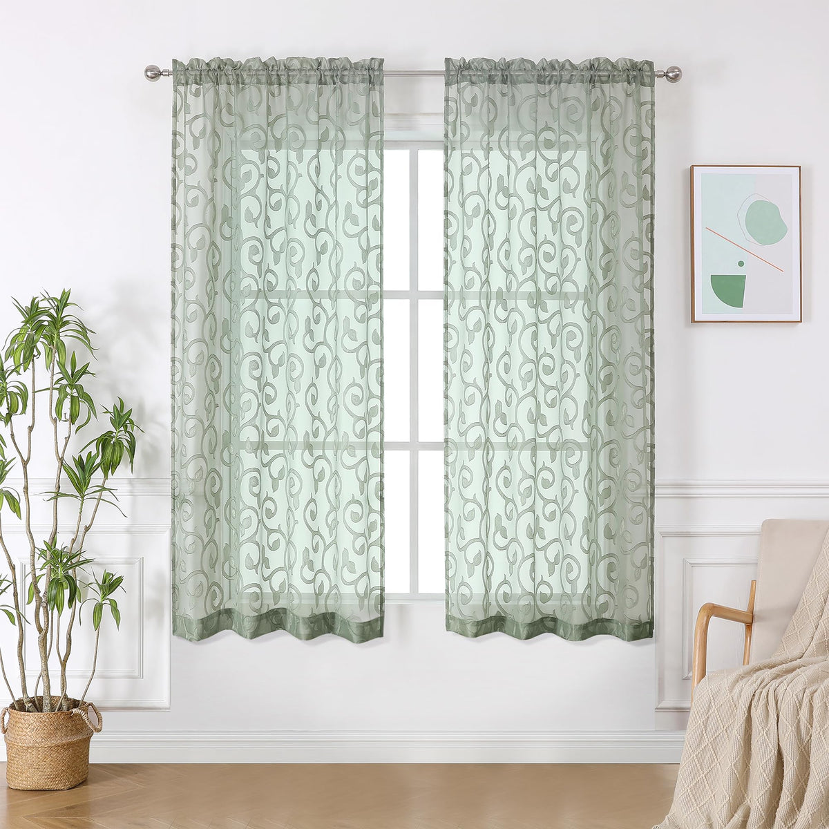 OWENIE Furman Ivory Sheer Curtains 84 inches Long for Bedroom Living Room 2 Panels Set, Jacquard Clip Light Filtering Semi Sheer Curtain Rod Pocket Window Drapes, 2 Pcs Each 40 W 84 L