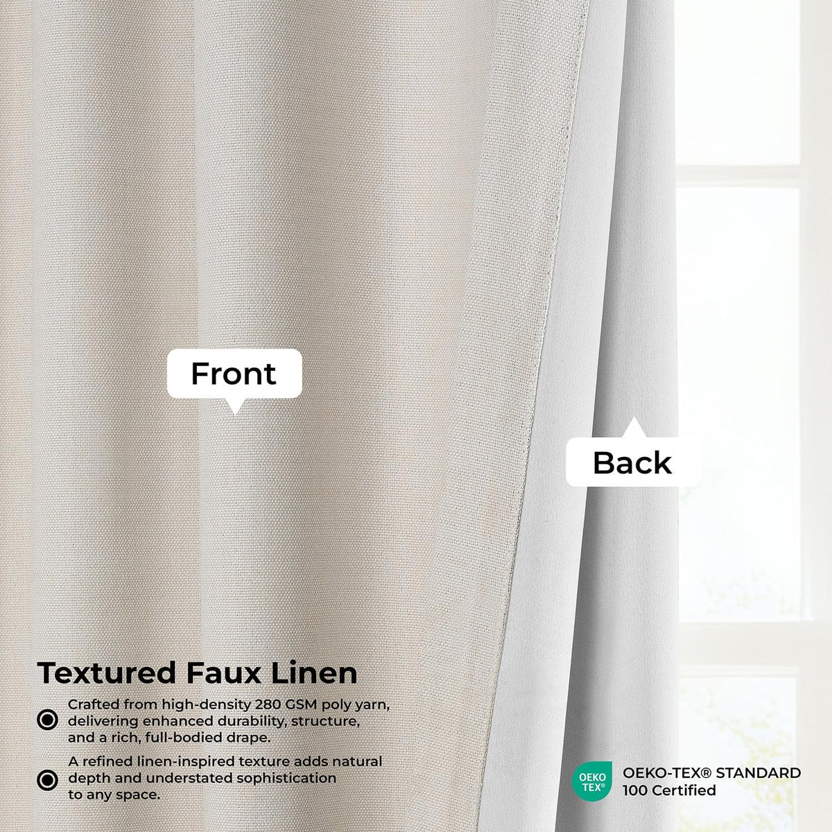 Faux Linen Curtains for Living Room (1 Panel) - 50W X 96L, Birch Taupe