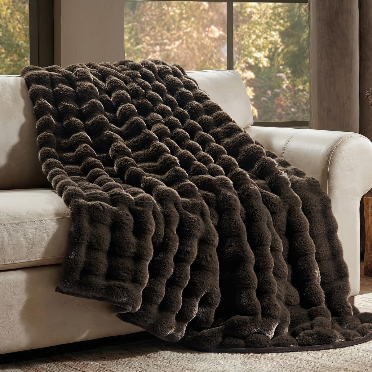 EverGrace Faux Rabbit Fur Bubble Throw Blanket, 60"x80", Ivory White