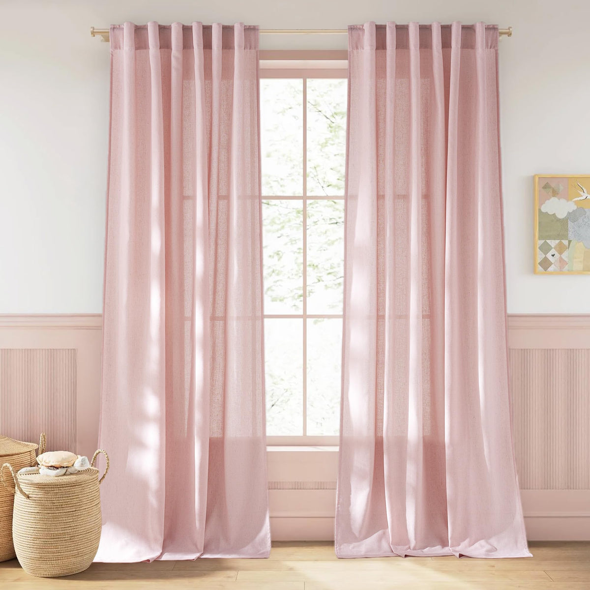 NICETOWN Flax Sheer Linen Curtains for Living Room 95 inch Long 2 Panels, Rod Pocket & Back Tab Semi Sheer Drapes Privacy Added with Light Filtering for Bedroom/Living Room, Natural, W55 x L95