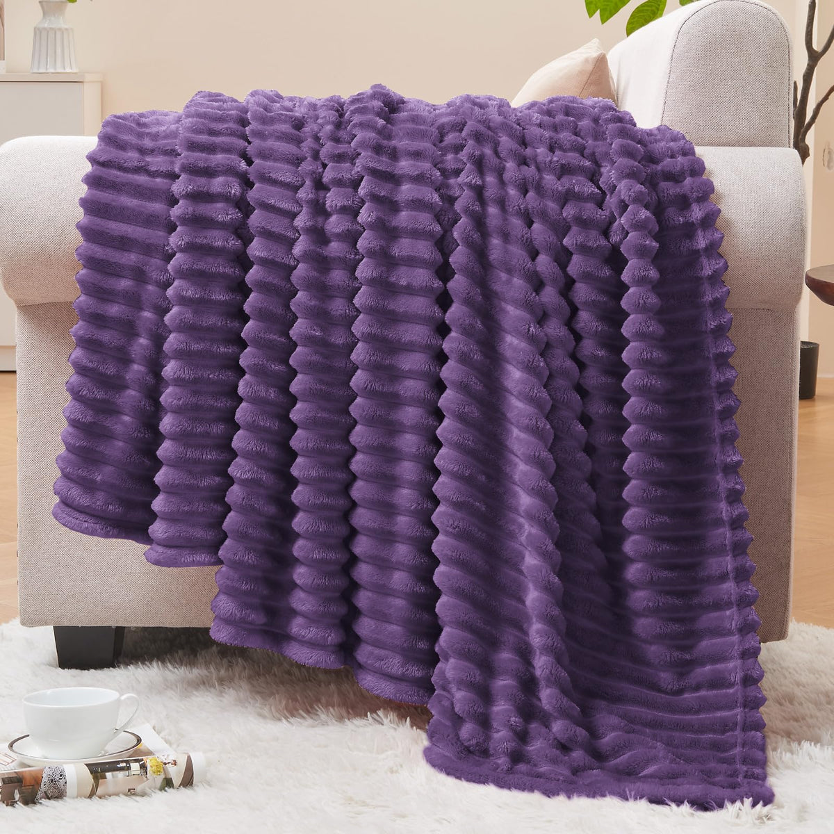 BEDELITE 3D Ribbed Jacquard Pink Fleece Throw Blanket for Couch, 50x60 Inch
