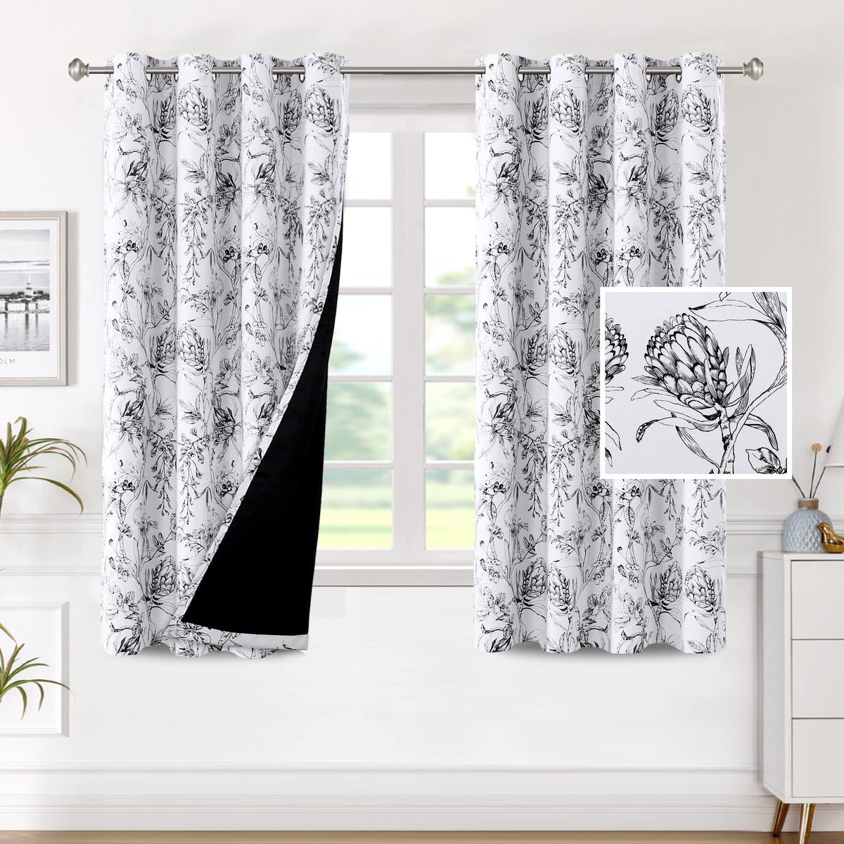 H.VERSAILTEX 100% Blackout Curtains 84 inch Length 2 Panels Set Cattleya Floral Printed Drapes Leah Floral Thermal Curtains for Bedroom with Black Liner Sound Proof Curtains, Grey and Taupe