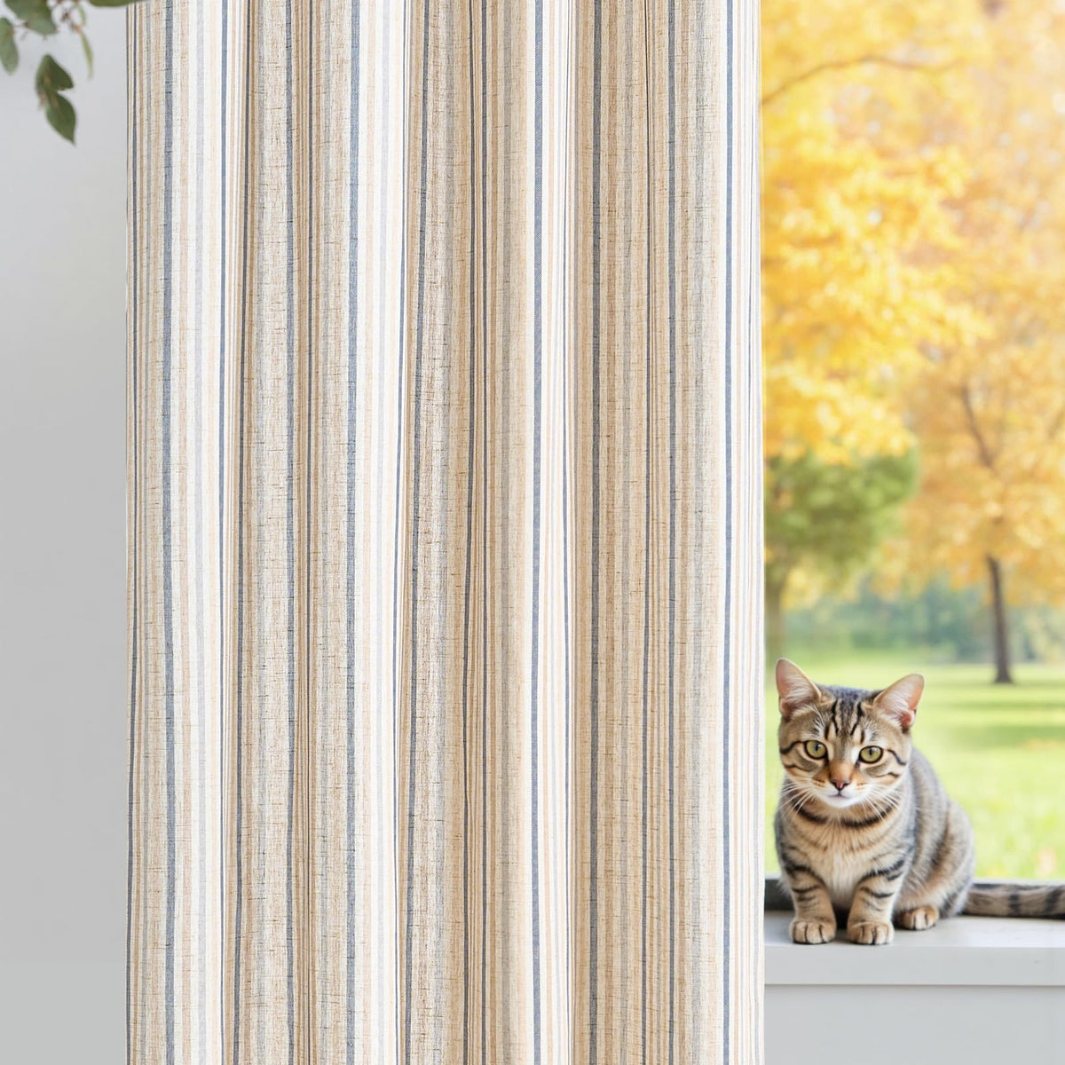 jinchan Linen Curtains 84 Inch Taupe Grey Stripe on Beige Grommet 2 Panels