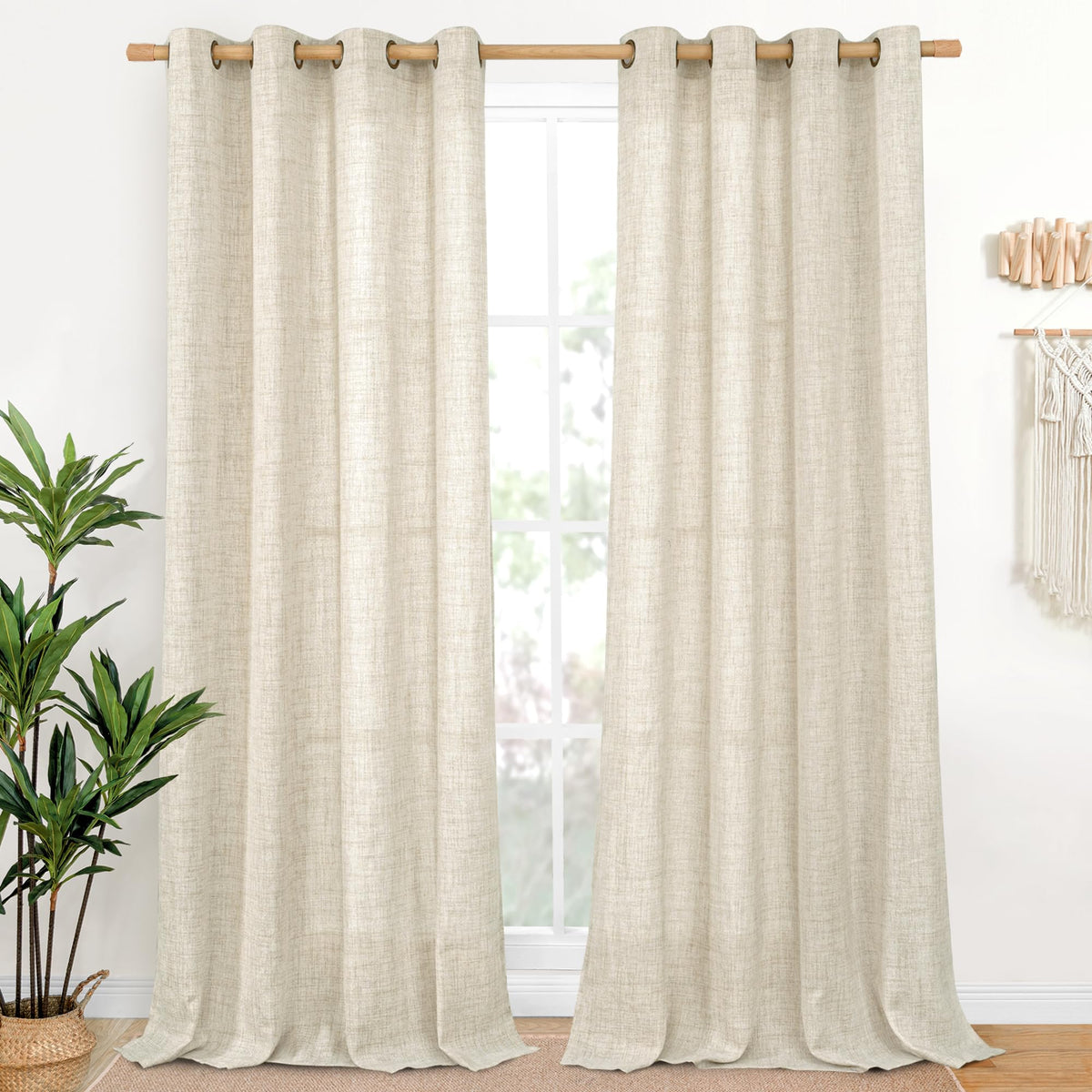 YoungsTex Linen Semi Sheer Curtains 63 Inch Length, Light Filtering Drapes