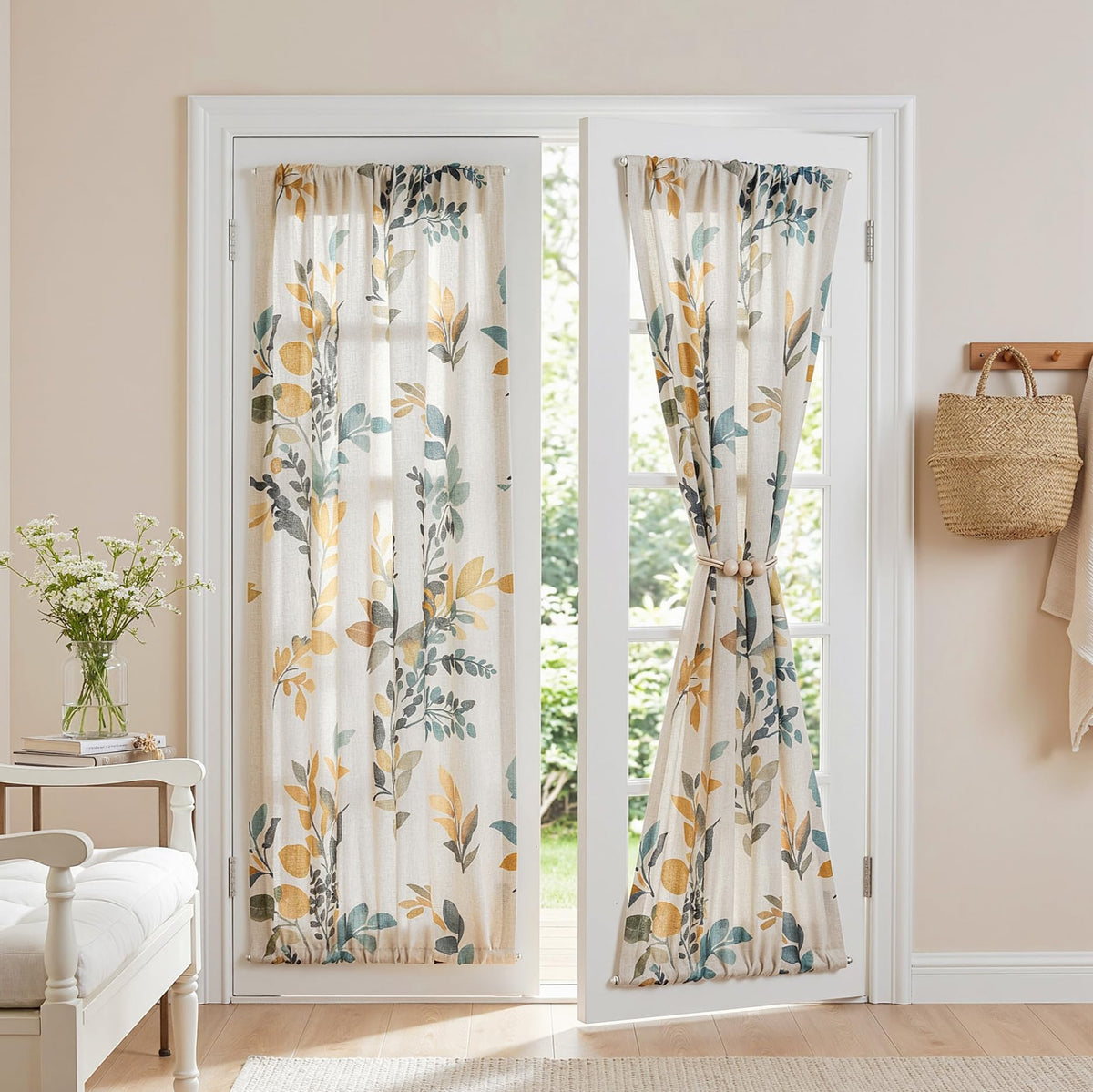 MYSKY HOME Floral Curtains 72 inch for Living Room Linen Semi Sheer Light Filtering Privacy Protect Lightweight Drapes Decor Farmhouse Soft Touch for Dining Room, Yellow, 52" Wide, 2 Panels