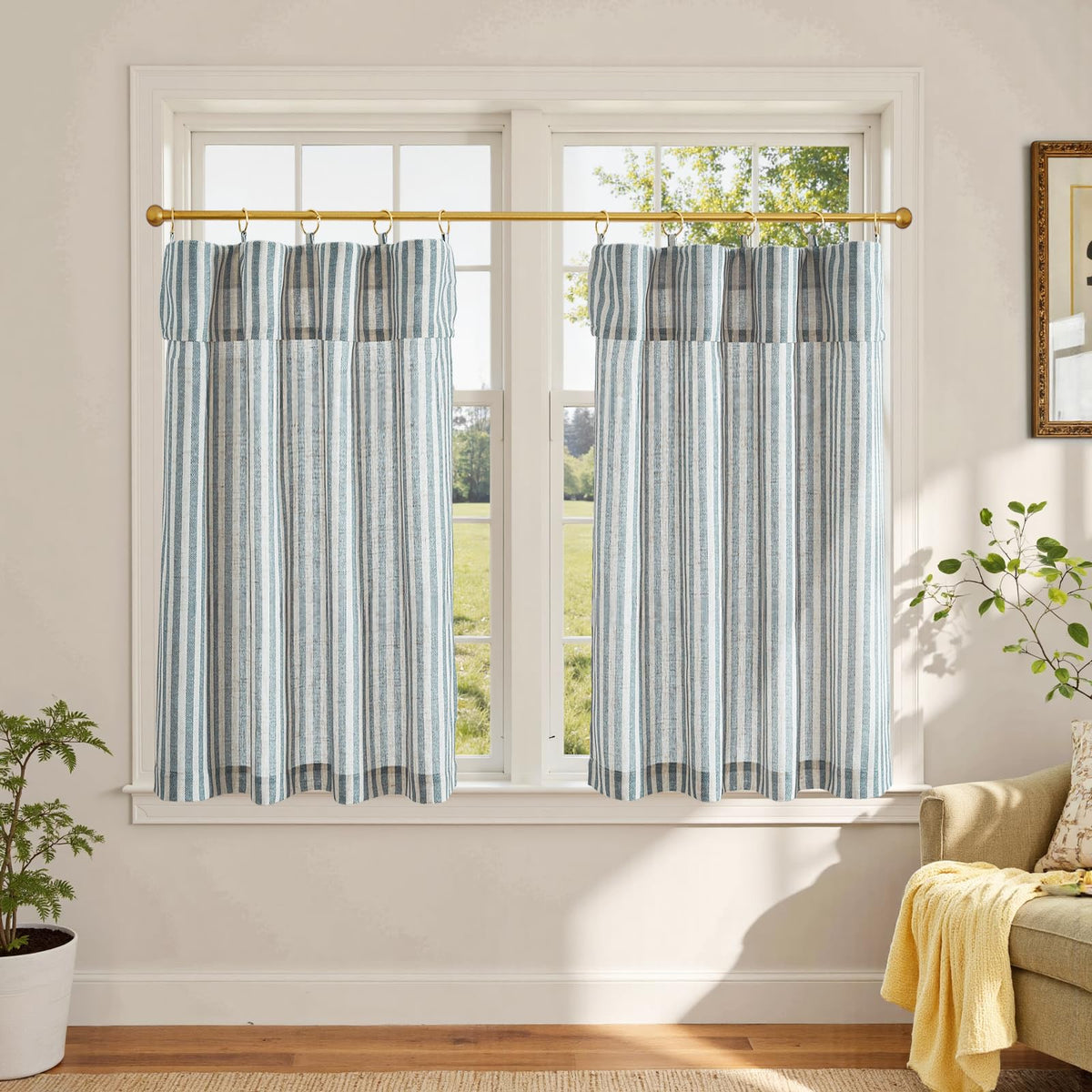 jinchan Striped Linen Kitchen Curtains 36 Inches Length Tier Curtains Farmhouse Modern Cafe Style Small Window Treatments Airy Light Filtering Rod Pocket for Living Room Bathroom 2 Panels Sage Green