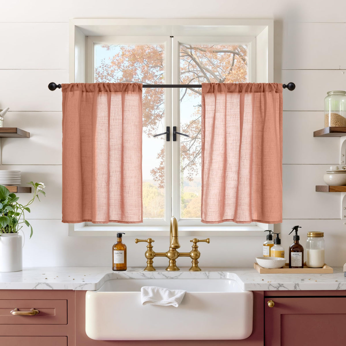 BGment Tan Linen Curtains 84 Inch Length 2 Panels Burlap Semi Sheer Drapes