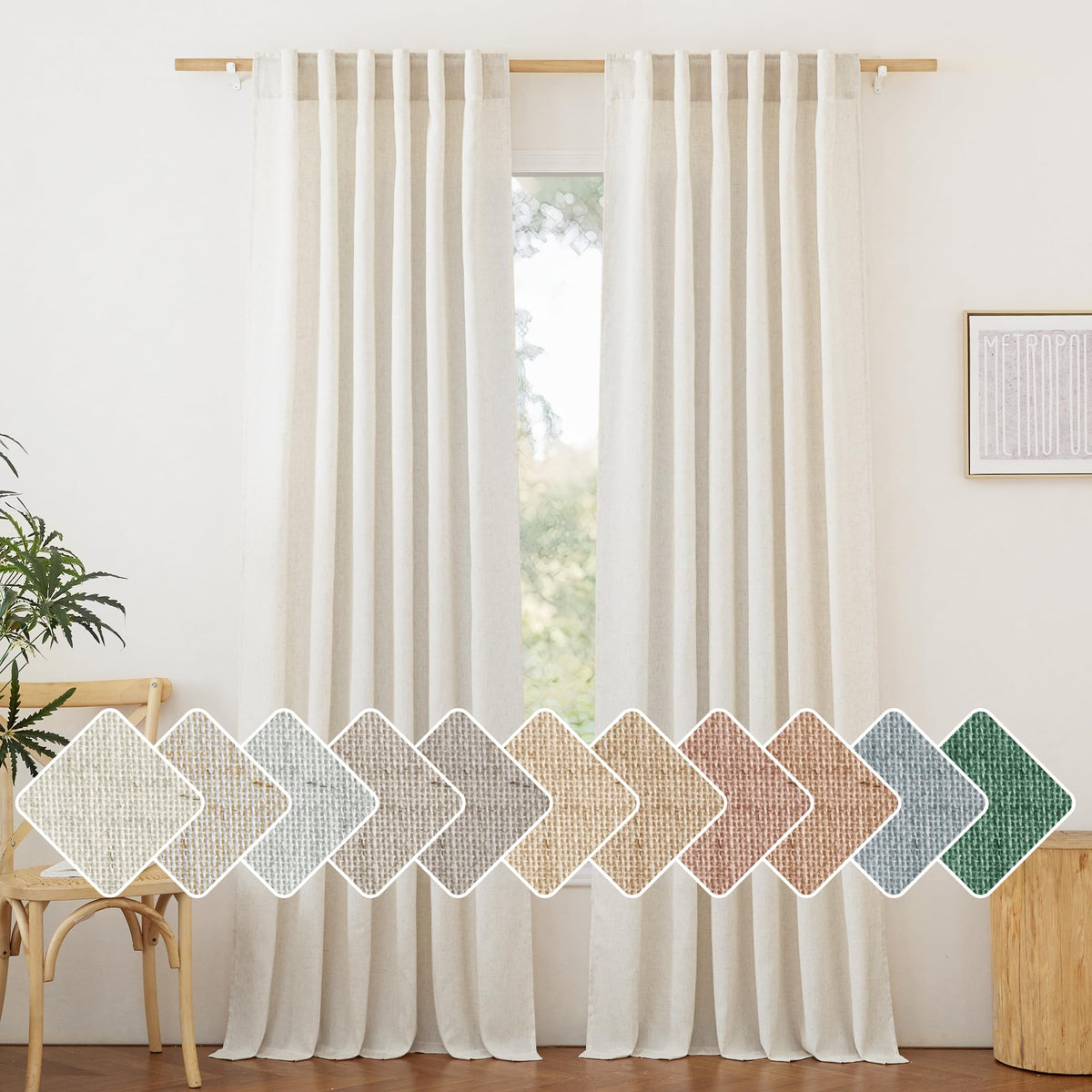 NICETOWN Flax Sheer Linen Curtains for Living Room 95 inch Long 2 Panels, Rod Pocket & Back Tab Semi Sheer Drapes Privacy Added with Light Filtering for Bedroom/Living Room, Natural, W55 x L95