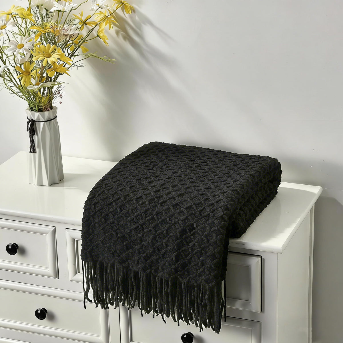 CREVENT Farmhouse Boho Knitted Throw Blanket for Couch Sofa Chair Bed Home Decoration, Soft Warm Cozy Light Weight for Spring Summer Fall (50''X60'' Off White/Ivory/Cream)