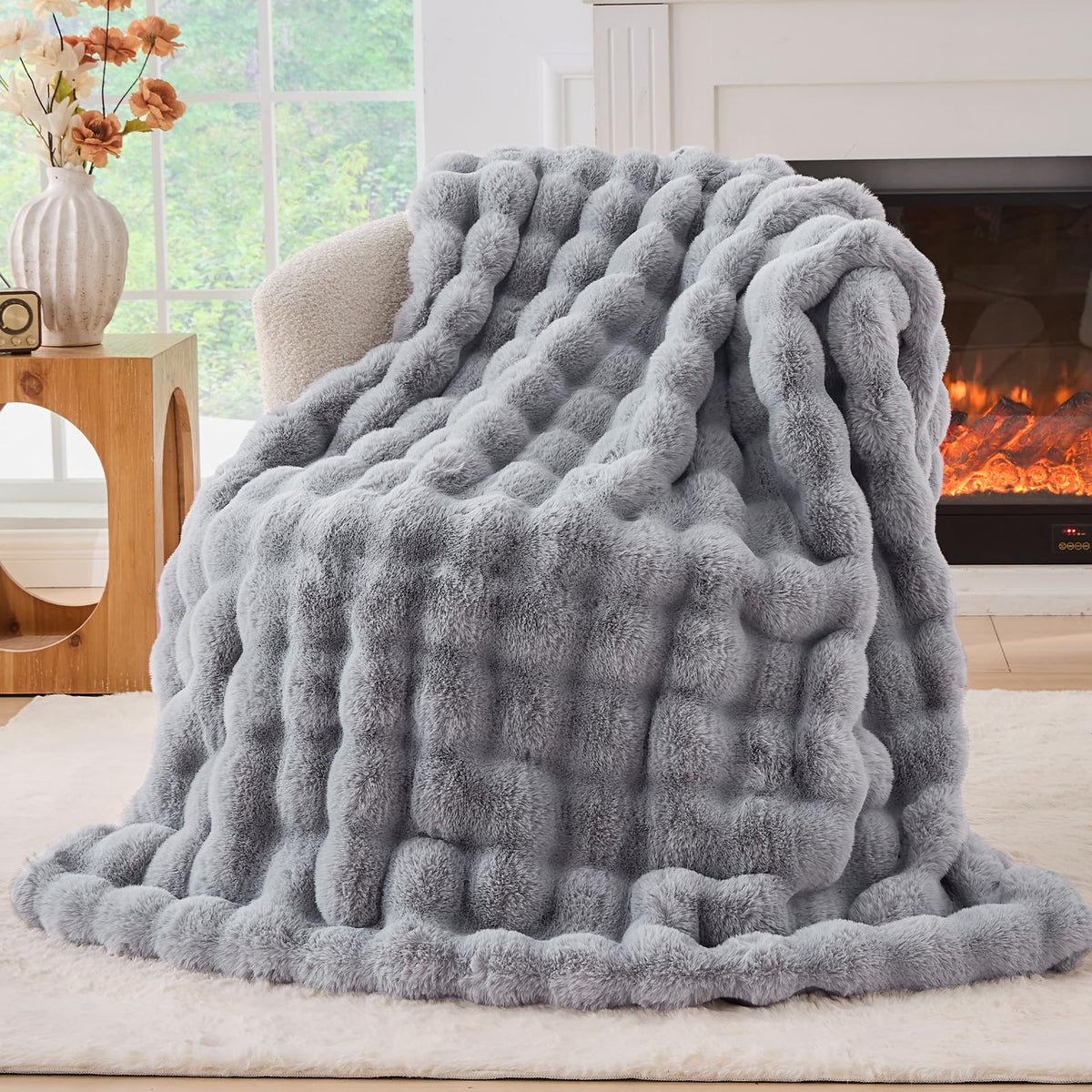BENVWE Faux Fur Throw Blanket for Couch - Cozy Plush Fluffy Soft Thick Bubble Blanket for Living Room Home Decor - Mothers Day Birthday Gifts for Women, Cream White, 51" x 63"