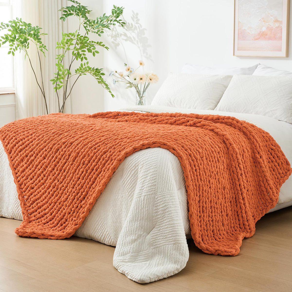 Bigacogo Chunky Knit Throw Blanket for Couch, 40x60 inches, Beige