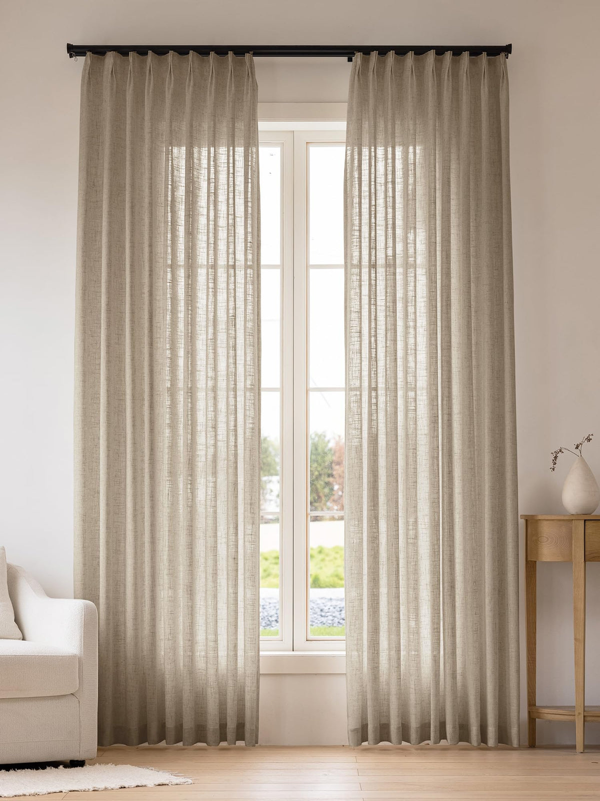 Liz Sheer Pinch Pleated Linen Curtains 90 Inches Long - Light Filtering Pleat Curtains for Living Room,Window Curtains for Bedroom, Luxury Pinch Pleated Drapes with Hooks, Natural, 2 Panels Set