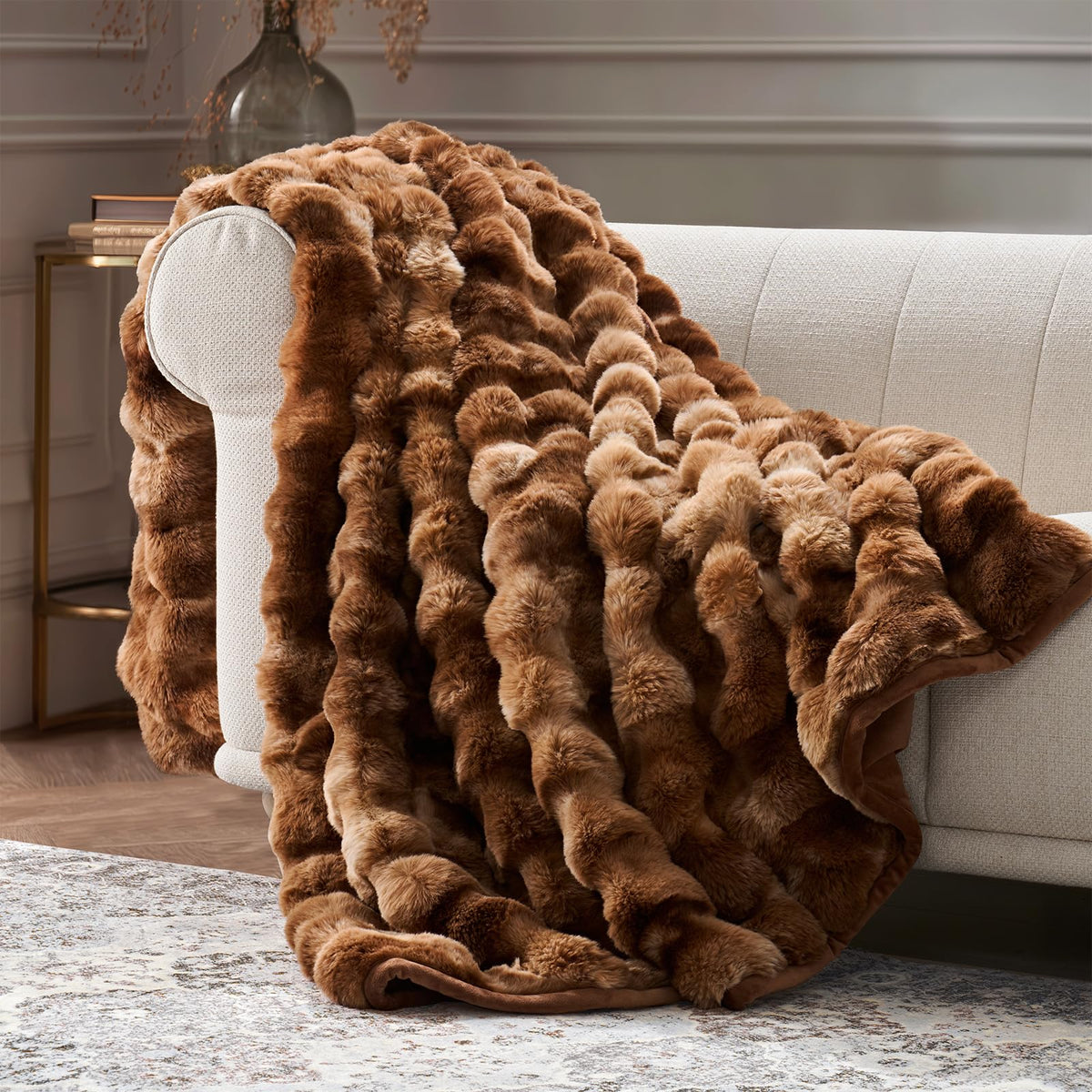 EverGrace Faux Rabbit Fur Bubble Throw Blanket, 60"x80", Ivory White