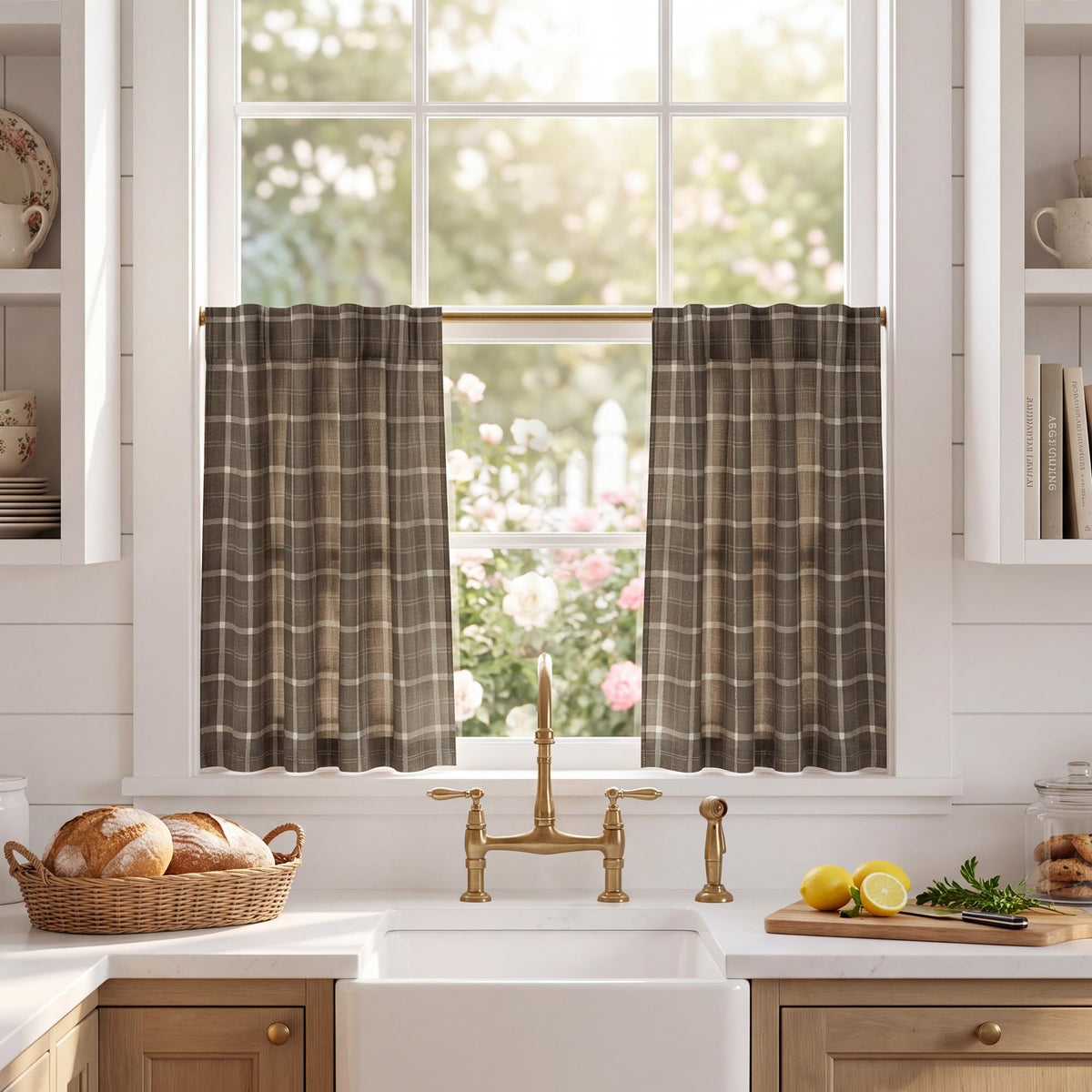 NICETOWN Moss Green Linen Plaid Curtains 96 inches Long for Bedroom