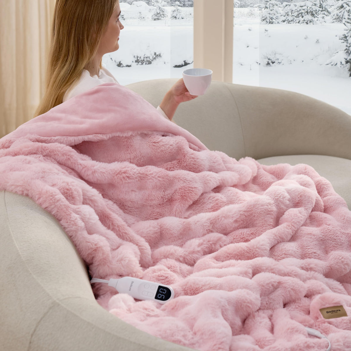 Bedsure Heated Blanket Electric Throw - Thick Striped Fast Heating Electric Blanket with Preheat Function, 6 Heat & 6 Timer (Up to 10H), 8H Auto Off, ETL Certified, Gifts for Women (50"x60", White)