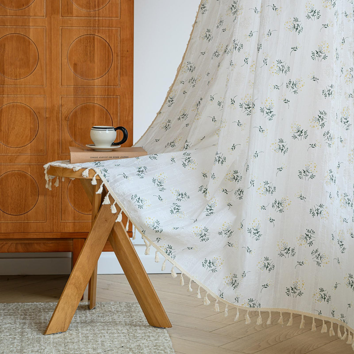 ENJOYBRIDAL Floral Curtains 84 Inch Long Living Room Boho Drapes Bedroom 2 Panels Semi Sheer Floor Length Window Curtain Panels Vintage Rod Pocket Tassel Farmhouse Nursery Window Treatments