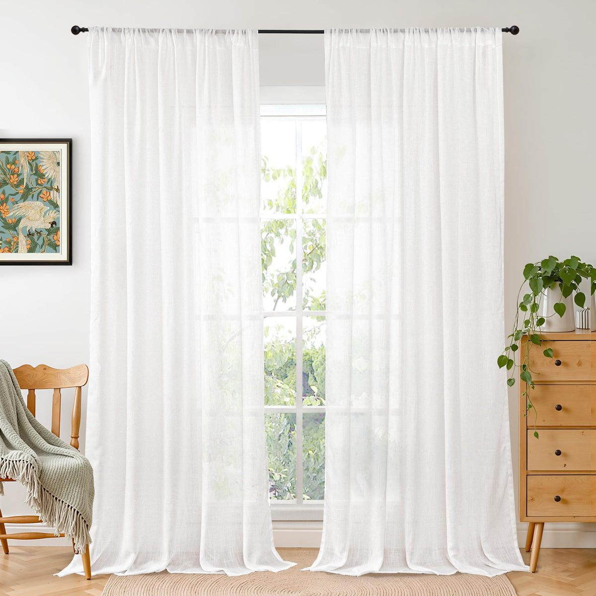 BGment Tan Linen Curtains 84 Inch Length 2 Panels Burlap Semi Sheer Drapes