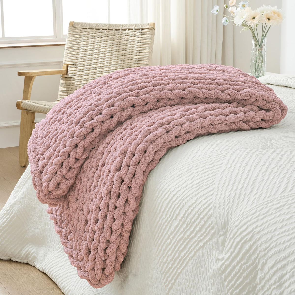 Bigacogo Chunky Knit Throw Blanket for Couch, 40x60 inches, Beige